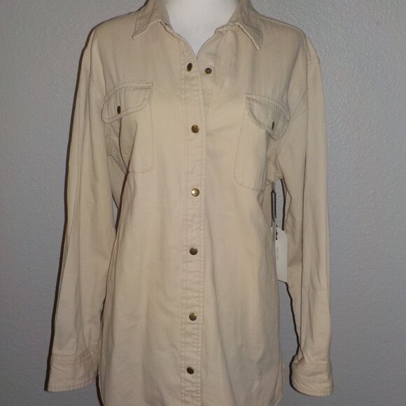 MIDNIGHT SKY WOMENS SIZE X-LARGE KHAKI TAN SNAP FRONT LONG SLEEVE DENIM SHIRT - Picture 1 of 8